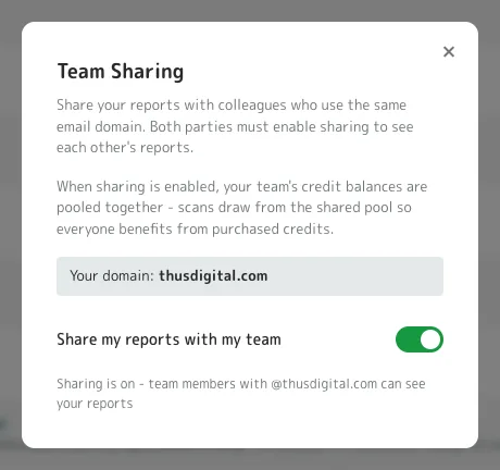 Team sharing (Pro): shared reports and a pooled balance.