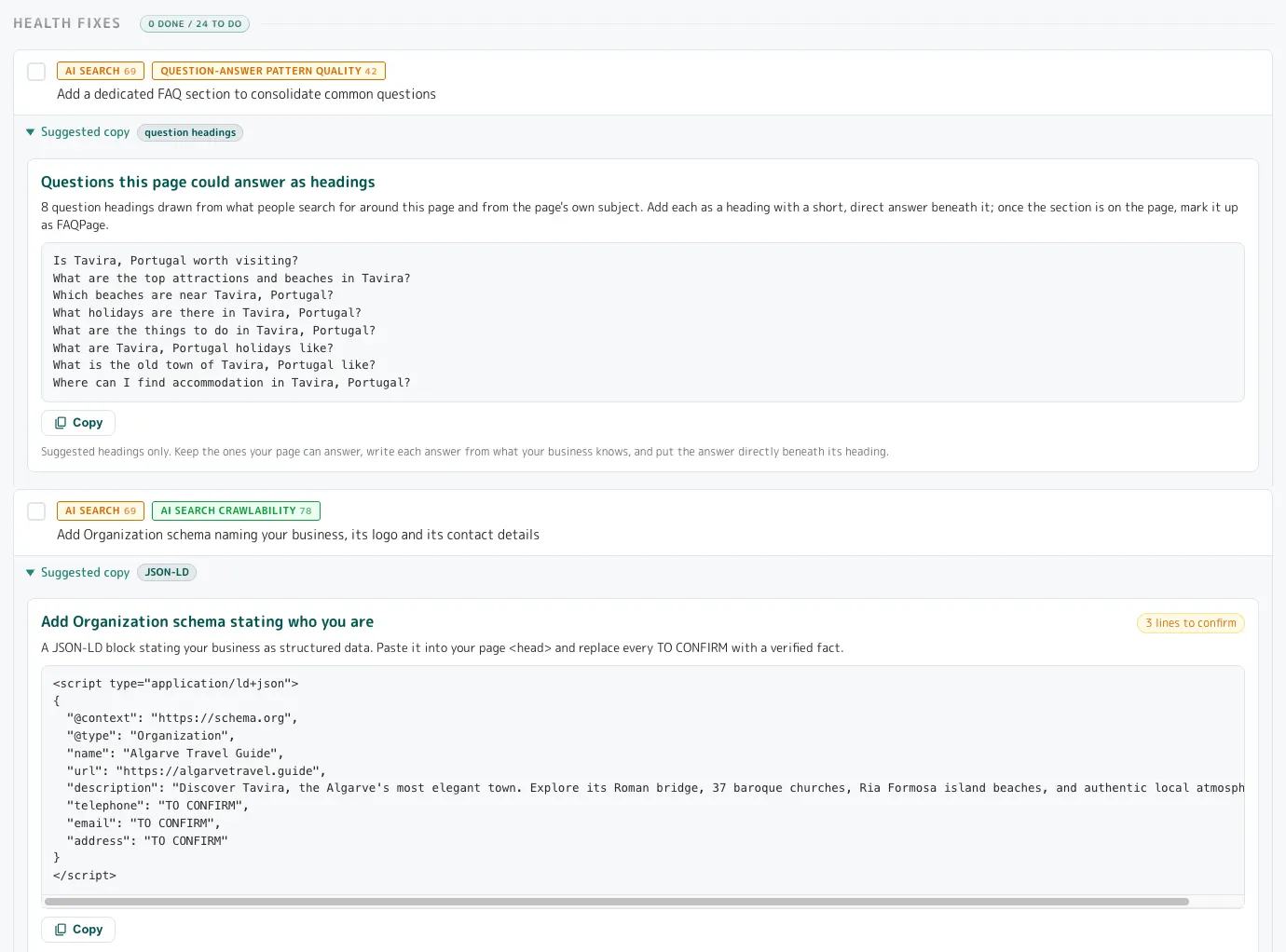 Health Fixes with the Suggested copy drawers open: the question headings and the schema block, ready to paste.