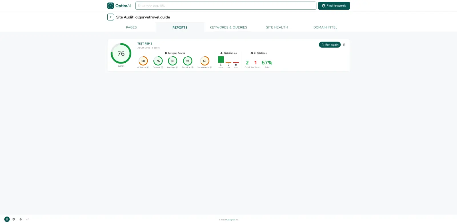 Every client report stored, with its scores and a Run Again.