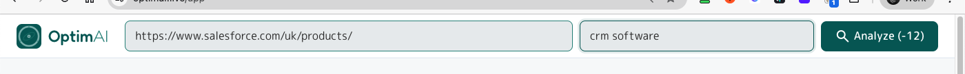 Scan bar filled in with URL https://www.salesforce.com/uk/products/ and keyword 'crm software', Analyze button showing -12 credit cost.