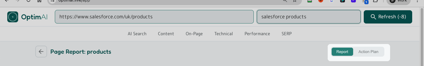 Top-right of the report view with the Report and Action Plan tabs highlighted - the switch between deep-dive view and todo-list view.