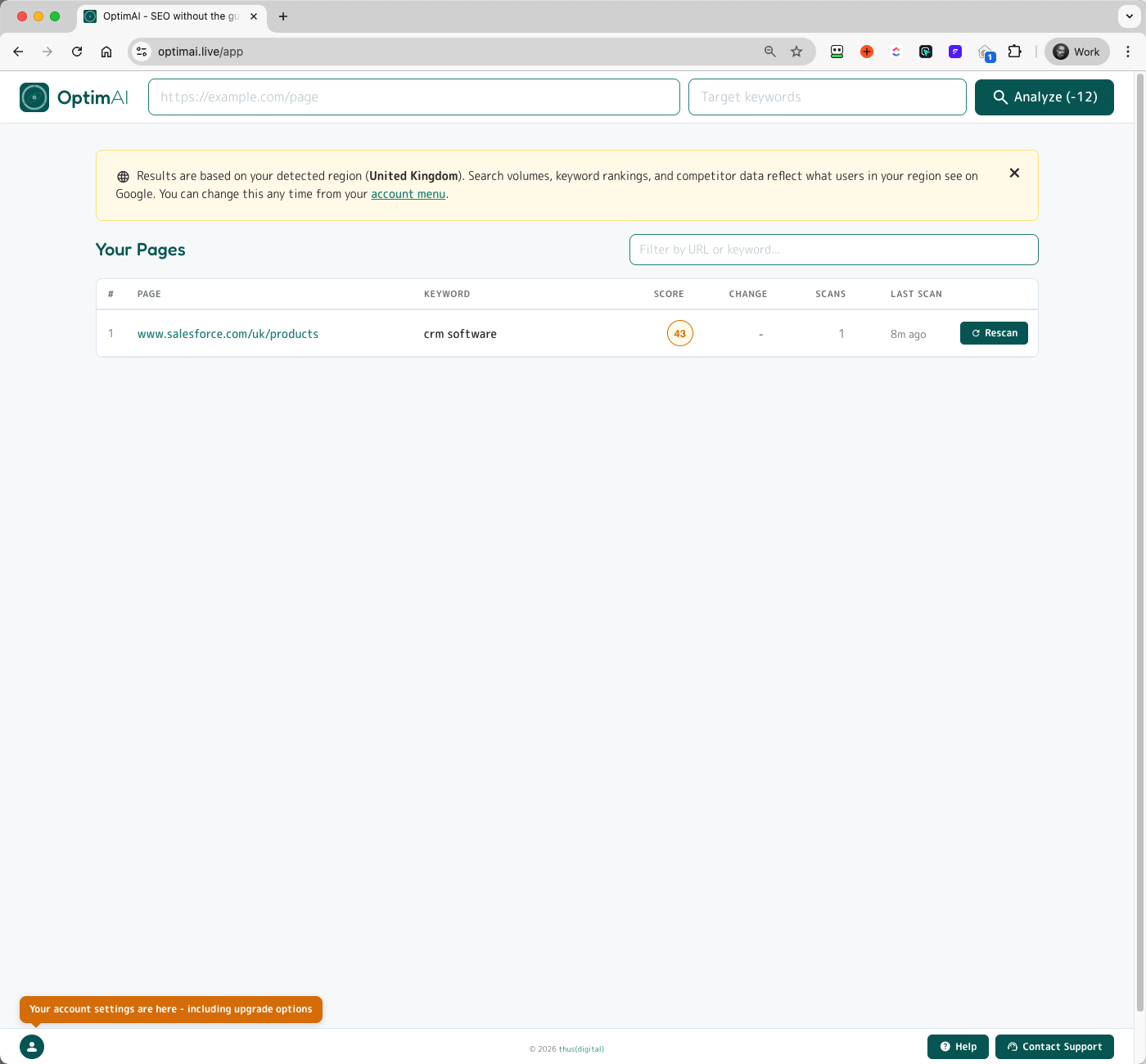OptimAI dashboard with 'Your Pages' table showing multiple scans, score badges, change deltas, scan counts, and a filter input.