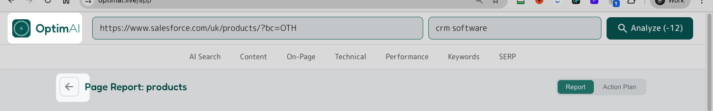 Report view with the OptimAI logo (top-left) and the app back button (next to the 'Page Report' heading) highlighted - the two ways to return to the dashboard from a report.
