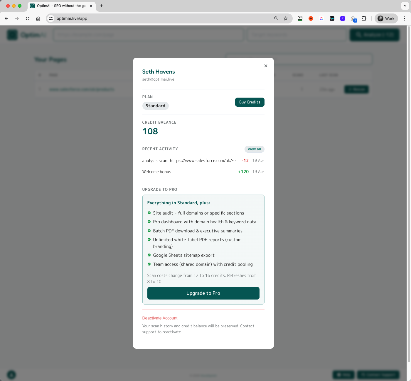 Account modal showing name, email, Standard tier badge, credit balance, recent activity, and Upgrade to Pro panel with feature checklist.