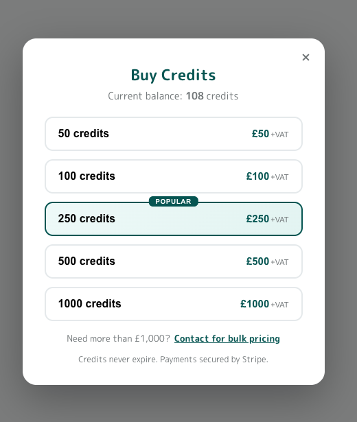 Buy Credits modal showing five pack tiles (50, 100, 250 POPULAR, 500, 1000 credits) with GBP pricing and VAT note.