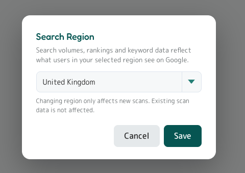 Region picker modal with a country dropdown (UK selected) and caveat text about existing scans being tied to their scan region.
