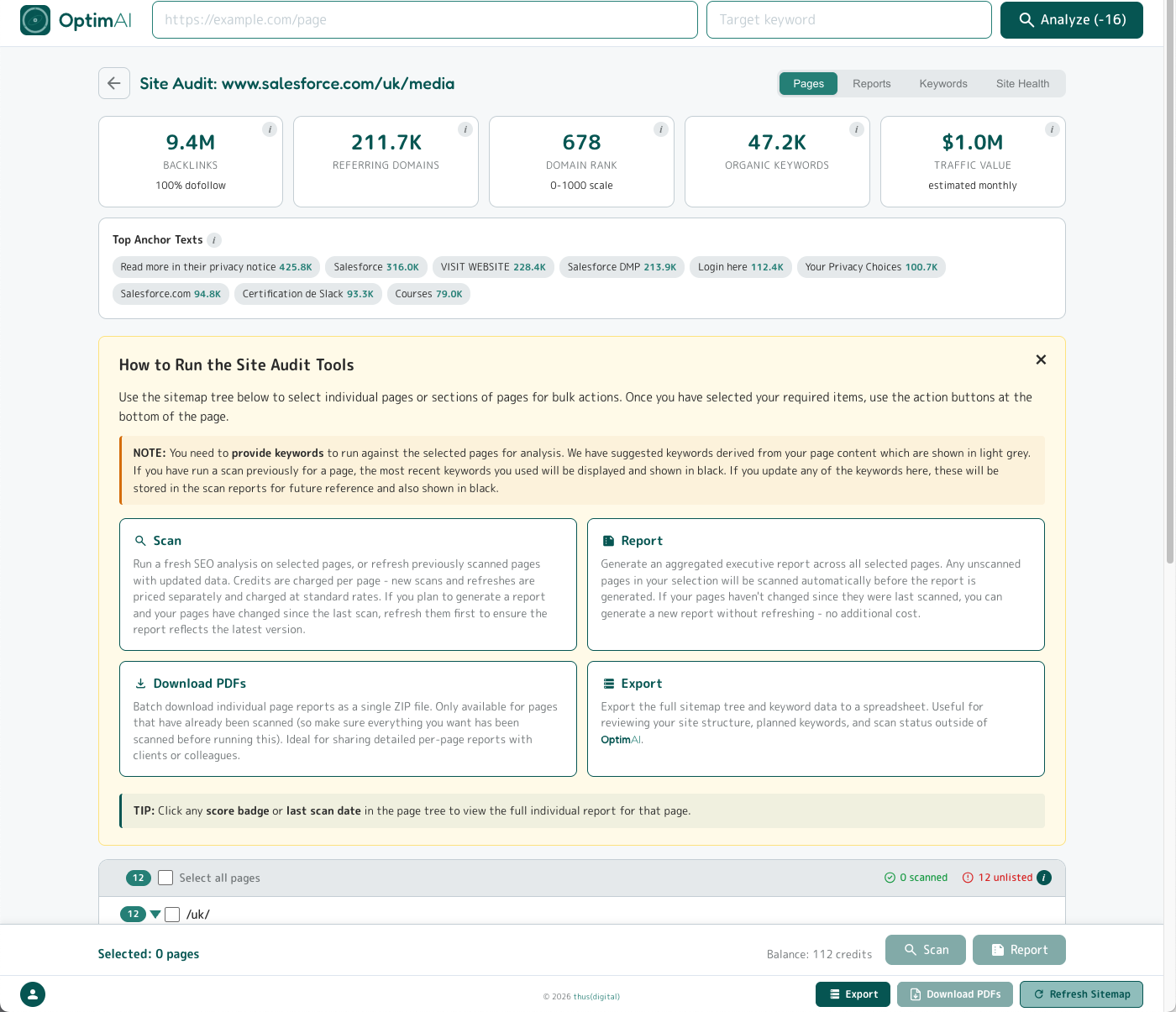 Site Audit overview for www.salesforce.com/uk/media: domain metric tiles (backlinks, referring domains, domain rank, organic keywords, traffic value), Top Anchor Texts panel, and the amber 'How to Run the Site Audit Tools' help panel above the page tree.