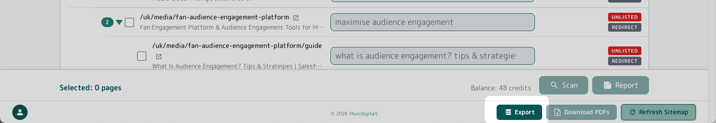 Site Audit footer toolbar with the Export button highlighted in the bottom right, sitting alongside Download PDFs and Refresh Sitemap.