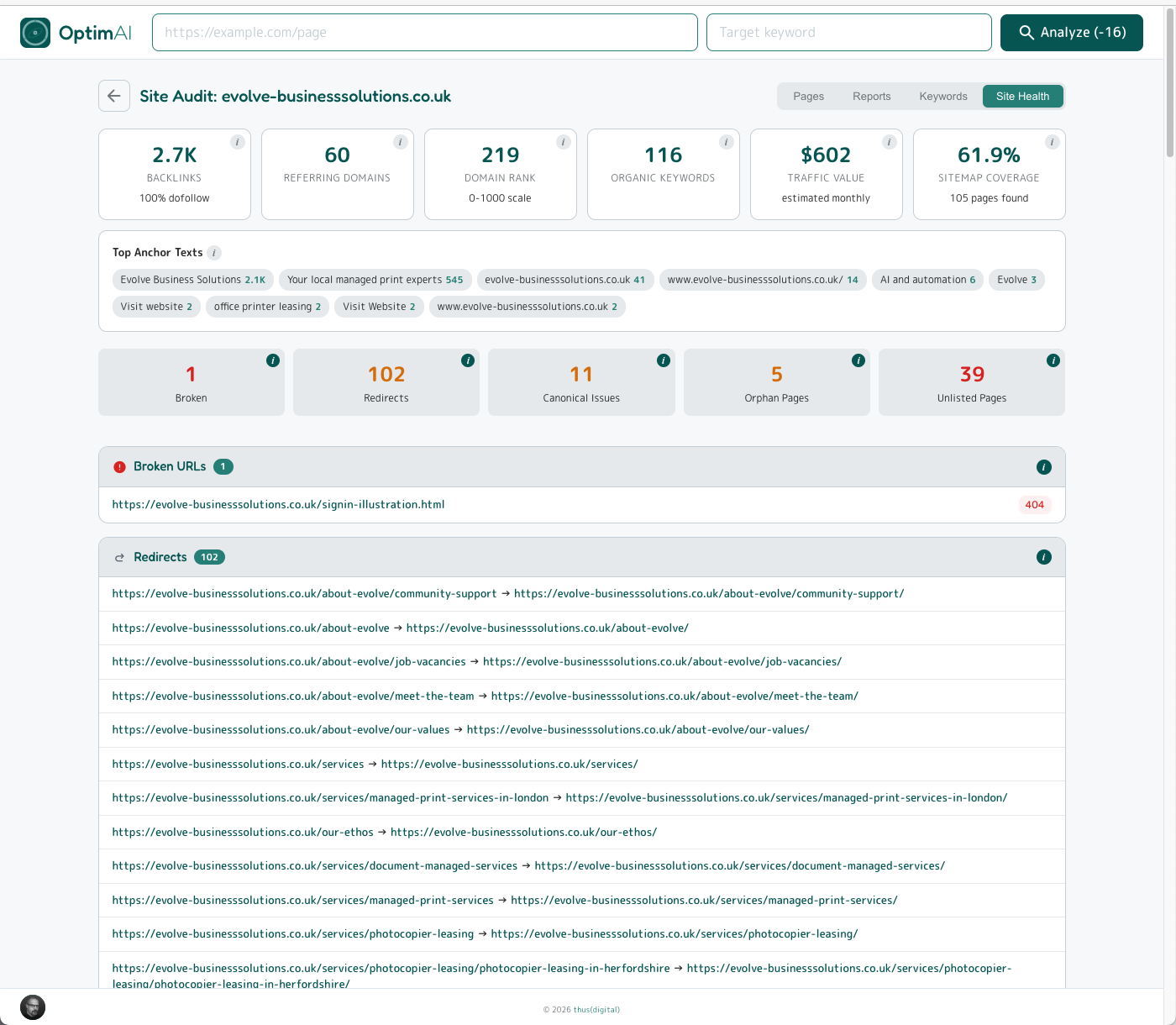 Site Audit Site Health tab: category summary tiles (Broken, Redirects, Canonical Issues, Orphan Pages, Unlisted Pages) with expanded URL lists for each category.