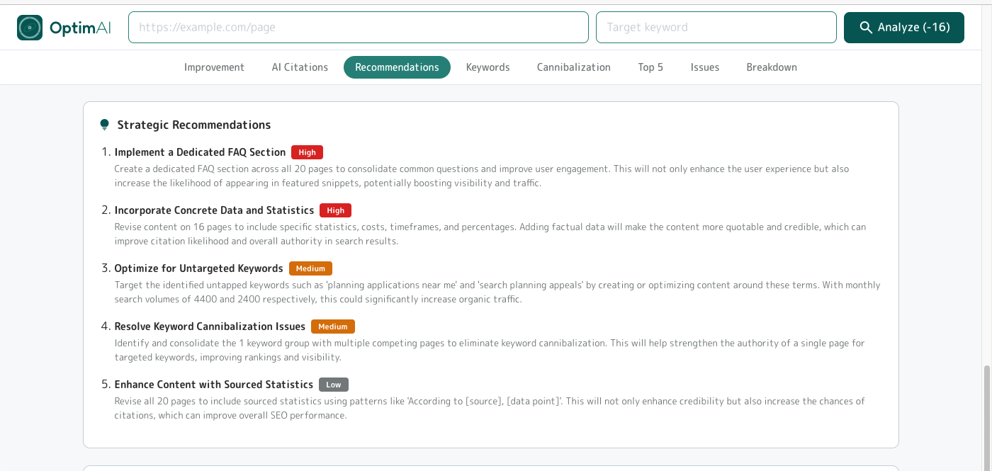 Summary Strategic Recommendations panel: numbered list of five domain-wide plays (FAQ section, concrete data, untargeted keywords, cannibalization, sourced statistics) with High/Medium/Low priority pills and a short rationale each.