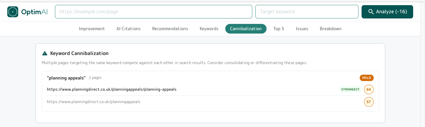 Summary Keyword Cannibalization panel showing a cluster like 'planning appeals' with two competing pages, severity badge (MILD) and Strongest indicator on the higher-scoring page.