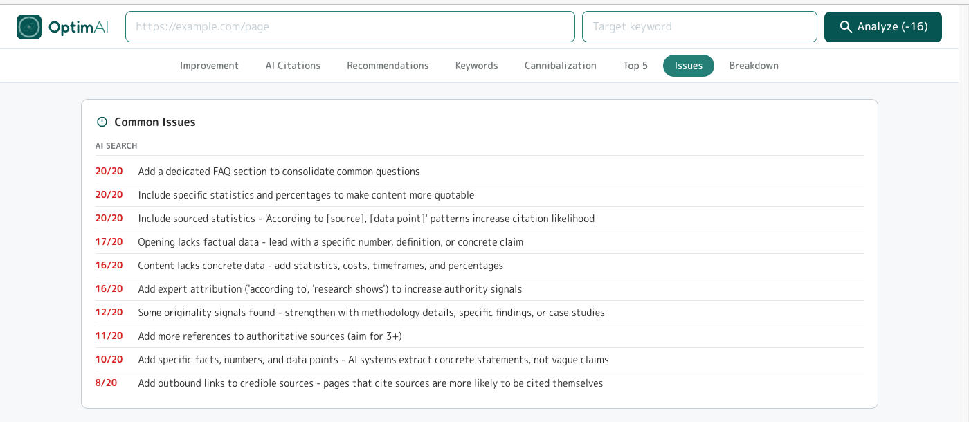 Summary Common Issues panel showing recurring suggestions across the page set with counts like 20/20, 17/20, 16/20 indicating how many pages each issue affects. Shown here all from AI Search category.